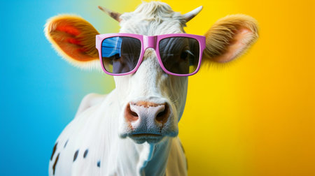 Funny cow with sunglasses in studio with a colorful and bright background. Curious Cowの素材