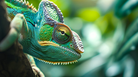 Green colored chameleon close up. Head close up of a chameleon pantherの素材
