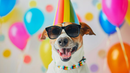Funny party dog wearing colorful summer hat and stylish sunglasses with a colorful backgroundの素材