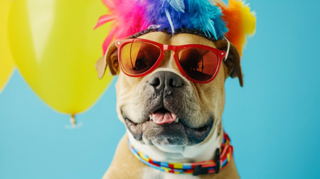 Funny party dog wearing colorful summer hat and stylish sunglasses with a colorful backgroundの素材