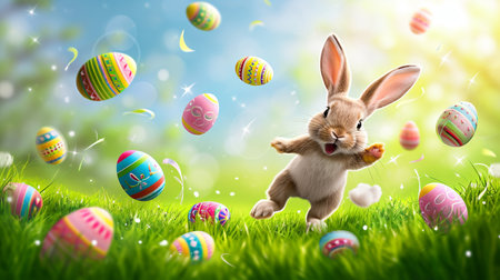 Happy Easter Bunny with flying many colorful easter eggs. jumping up above pile of many Easter eggsの素材