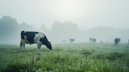 Panorama of grazing cows in a meadow with grass covered with dewdrops and morning fogの素材