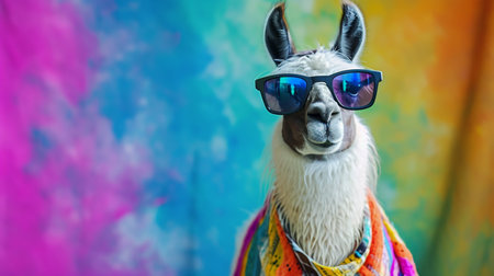 llama with sunglasses and scarf in studio with a colorful and bright backgroundの素材