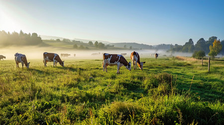 Panorama of grazing cows in a meadow with grass covered with dewdrops and morning fogの素材