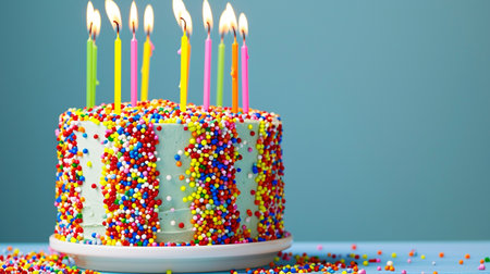 Birthday cake decorated with colorful sprinkles and ten candlesの素材