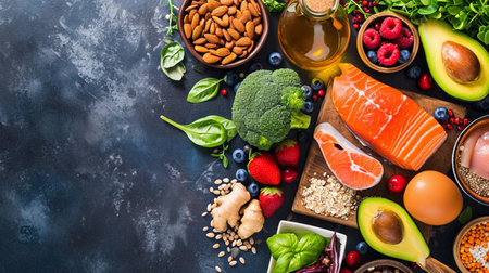 Different products as background, top view. Healthy food and balanced dietの素材