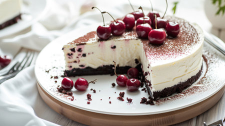Cheesecake on wooden table. Still life of food. Black forest cake on white backgroundの素材