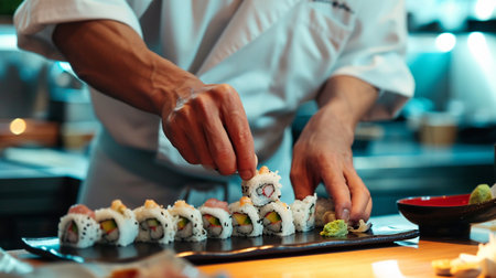 A chef she expertly crafts each roll with precisionの素材