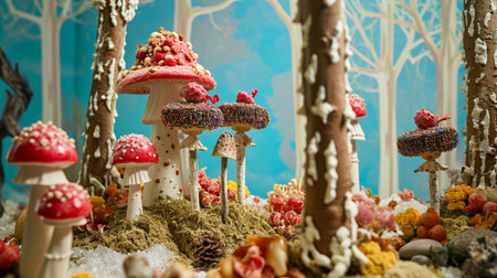 A magical forest of edible mushrooms and candy trees invites you to explore.の素材