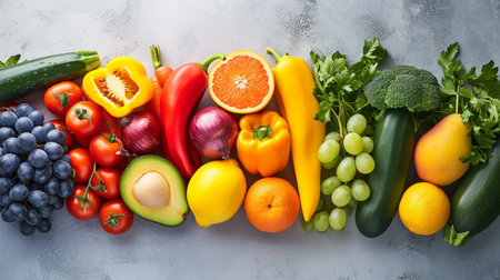 Assortment of fresh organic fruits and vegetables in rainbow colorsの素材