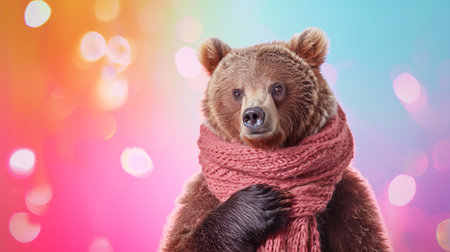 Bear and scarf in studio with a colorful and bright background. Cute grizzly bearの素材