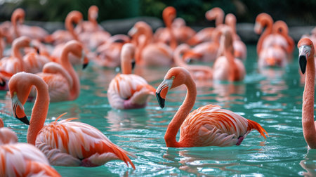 A lot of bright birds, pink and Caribbean flamingos. a lot of flamingo in a poolの素材