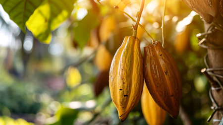 side view of yellow cocoa fruit hangin on the globe holderの素材