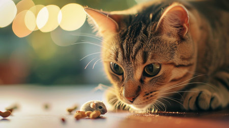 Cat playing with little gerbil mouse on the table. Portrait from animalの素材