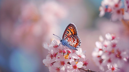 Butterfly and cherry blossom. Spring banner, branches of blossoming cherry against backgroundの素材