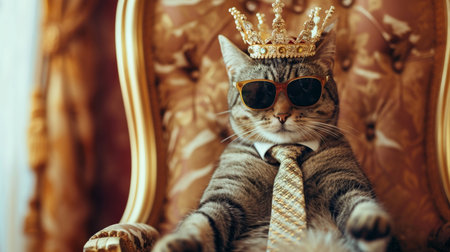 cat wearing tie with crown and sunglasses sitting on a throneの素材
