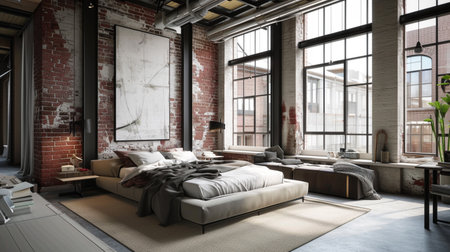 Luxury bedroom interior with minimal decor, loft styleの素材