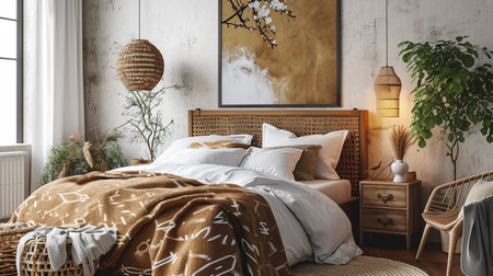 mock up poster in bedroom interior,ethnic styleの素材