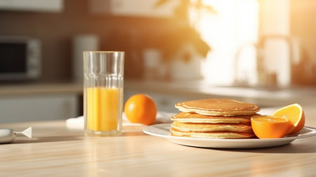 interior of kitchen with yummy pancakes and orange juice on kitchen counterの素材