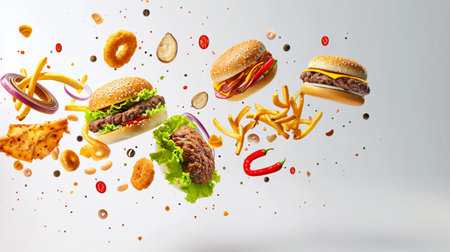 Burger with flying elements. Delicious burger with flyingの素材