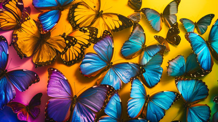 Pattern of multicolored butterflies morpho in studio with a colorful and bright backgroundの素材