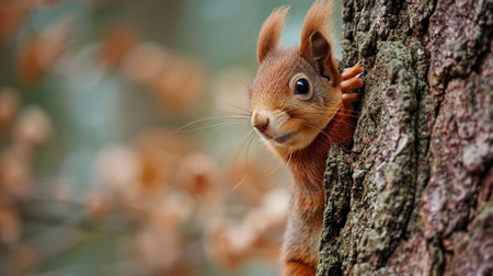 Curious red squirrel peeking behind the tree trunkの素材