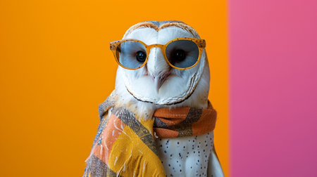 common barn owl sunglasses and scarf in studio with a colorful and bright backgroundの素材