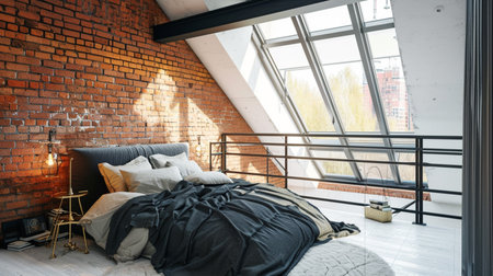 Beautiful loft bedroom with bed near brick wallの素材