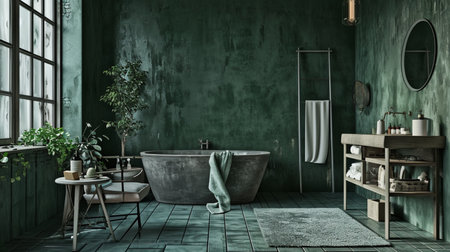 Dark green rustic bathroom, wall mock upの素材