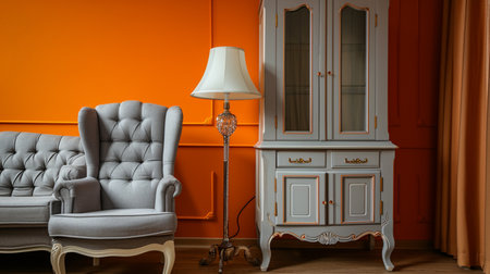 Grey armchair next to lamp in orange vintage living room interiorの素材