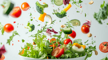 Diet vegetables salad. Fresh mixed falling into a bowlの素材
