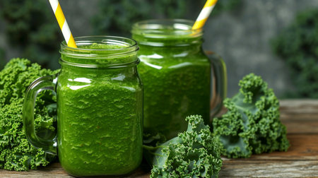 Glass jar mugs with green health smoothie, kale leavesの素材