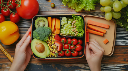 Hand of woman holding lunch box with healthy food on tableの素材