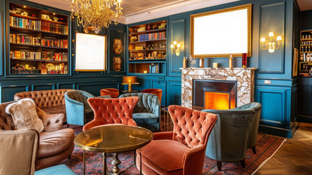 Elegant dark interior with bright red armchairsの素材