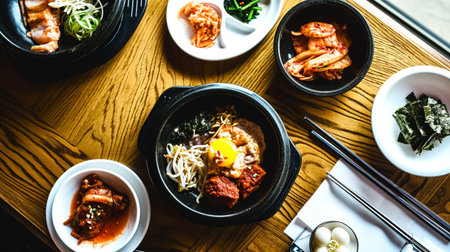 Korean foods served on a dining tableの素材