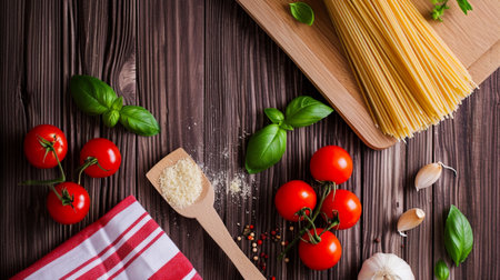 Traditional Italian linguini pasta with tomatoes and basil is isolatedの素材