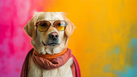 dog sunglasses and scarf in studio with a colorful and bright background.A funny dogの素材