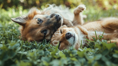 Dog and cat playing together outdoor.Lying on the back togetherの素材