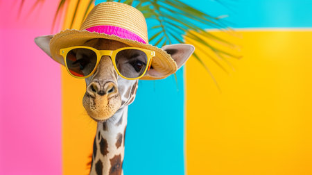 Giraffe sunglasses and summer hat in studio with a colorful and bright backgroundの素材