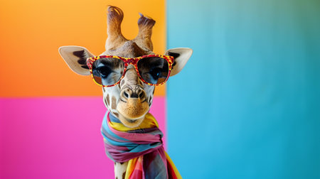 Giraffe sunglasses and scarf in studio with a colorful and bright backgroundの素材