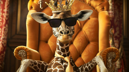 Giraffe wearing tie with crown and sunglasses sitting on a throne, hipster backgroundの素材