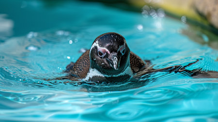 Humboldt penguin is swimming in the pool. Funny penguins at the zooの素材