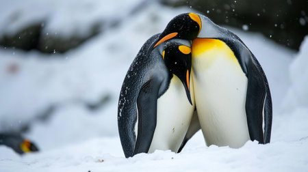 King penguin mating couple cuddling in wild nature, snow and iceの素材