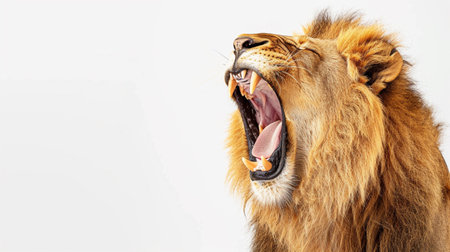 Lion on white background. Portrait of a Male adult lionの素材