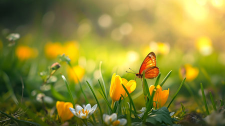 nature spring Background, spring flower and butterfly. Summer natural meadow full of wildflowersの素材