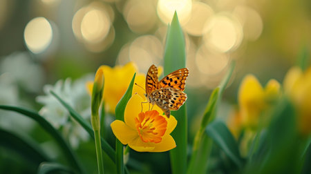 nature spring Background, spring flower and butterfly. Summer natural meadow full of wildflowersの素材