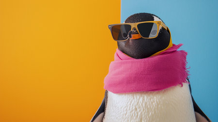 penguin sunglasses and scarf in studio with a colorful and bright backgroundの素材