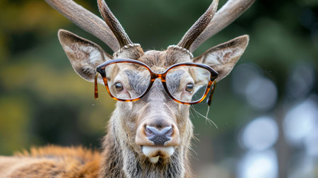 cute funny Red deer, closeup with glassesの素材
