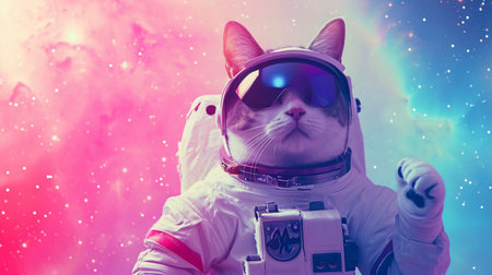 Cute space cat dressed in astronaut suit with Galaxy Star backgroundの素材