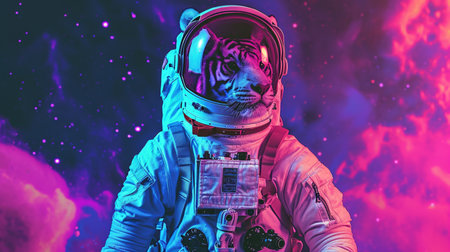 cute space white tiger dressed in astronaut suit with galaxy star backgroundの素材